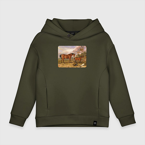 Детское худи оверсайз Две лошади и две собаки / Хаки – фото 1