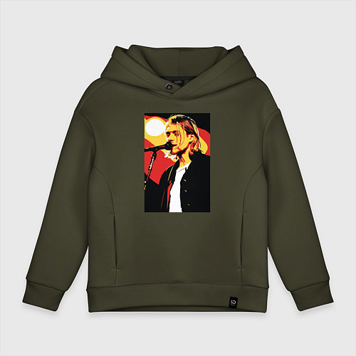 Детское худи оверсайз Курт Кобейн с микрофоном / Хаки – фото 1
