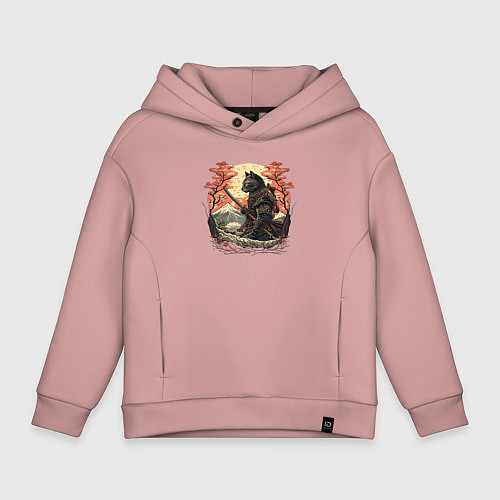 Детское худи оверсайз Японский самурайский кот / Пыльно-розовый – фото 1