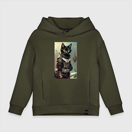 Детское худи оверсайз Крутой котёнок - киберпанк - нейросеть / Хаки – фото 1