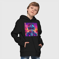 Толстовка оверсайз детская Скелет в наушниках в неоновом свете, цвет: черный — фото 2