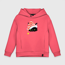 Толстовка оверсайз детская Новогодний черный кот в новогоднем колпаке, цвет: коралловый