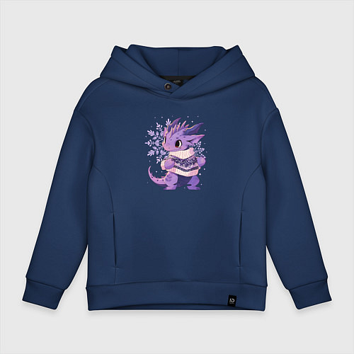 Детское худи оверсайз Фиолетовый дракон в свитере / Тёмно-синий – фото 1