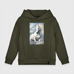 Толстовка оверсайз детская Белая лошадь на фоне неба, цвет: хаки
