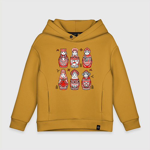 Детское худи оверсайз Шесть матрешек в стиле мезенской росписи / Горчичный – фото 1