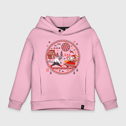 Толстовка оверсайз детская Кот и лиса из сказки в стиле мезенских мотивов, цвет: светло-розовый