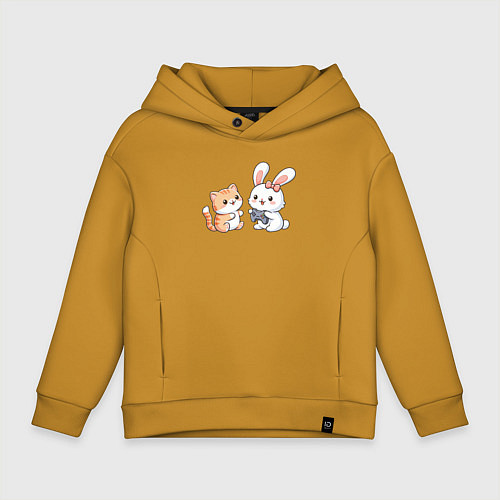 Детское худи оверсайз Котик играет с кроликом / Горчичный – фото 1