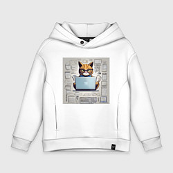 Толстовка оверсайз детская Кот программист за ноутбуком, цвет: белый