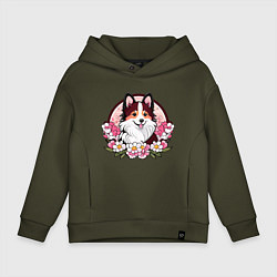 Толстовка оверсайз детская Колли среди цветов сакуры, цвет: хаки