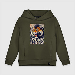 Толстовка оверсайз детская Cool tiger - punks not dead, цвет: хаки