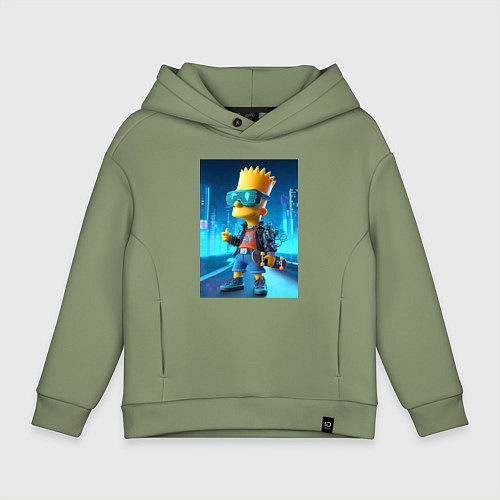 Детское худи оверсайз Барт Симпсон в неоновом городе со скейтбордом - не / Авокадо – фото 1