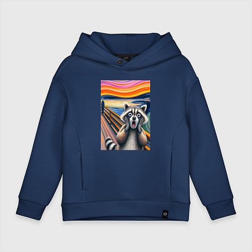 Детское худи оверсайз Енот кричит - мем нейросеть / Тёмно-синий – фото 1