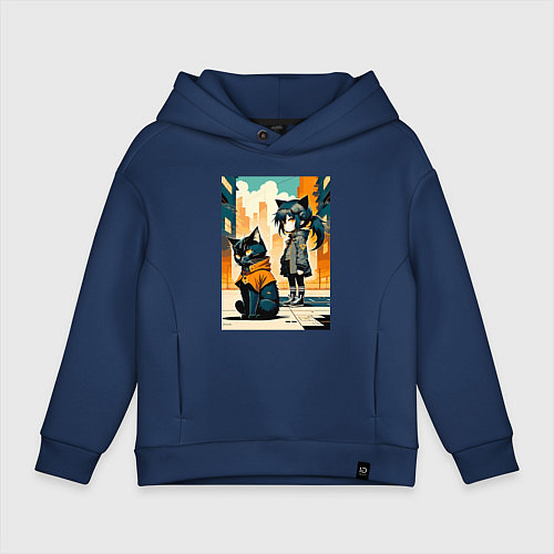 Детское худи оверсайз Кот и девочка гуляют на своём районе - нейросеть / Тёмно-синий – фото 1