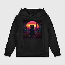Толстовка оверсайз детская Неоновый котик в закате, цвет: черный
