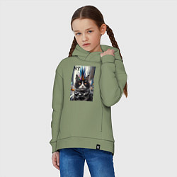 Толстовка оверсайз детская Кот панк с разноцветным хаером - Нью-Йорк, цвет: авокадо — фото 2