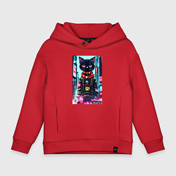 Толстовка оверсайз детская Котёнок в мегаполисе - киберпанк, цвет: красный