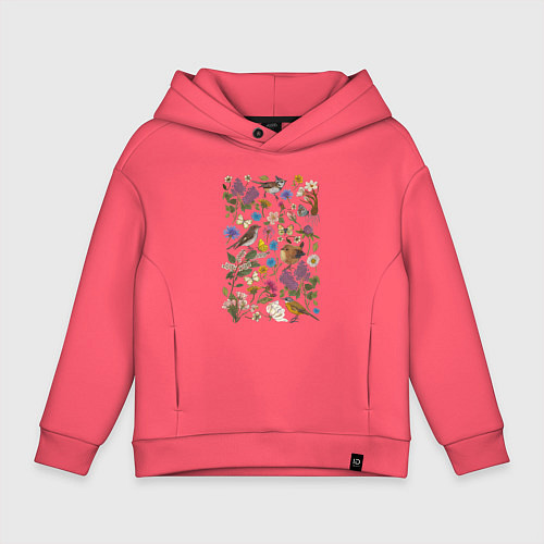Детское худи оверсайз Птицы, бабочки, цветы / Коралловый – фото 1