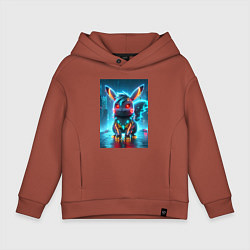 Толстовка оверсайз детская Cyber Pikachu in the neon metropolis - ai art, цвет: кирпичный