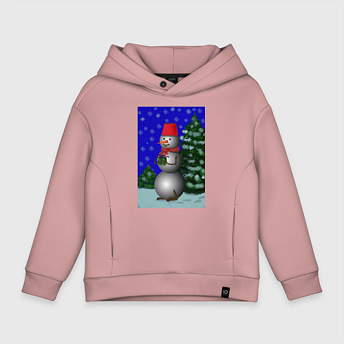 Детское худи оверсайз Снеговичок с подарком под елкой / Пыльно-розовый – фото 1