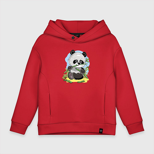 Детское худи оверсайз Медвежонок панда ест бамбук / Красный – фото 1