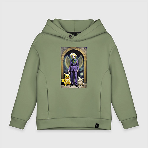Детское худи оверсайз Крылатый клоун с Пикачу и котом - нейроарт / Авокадо – фото 1
