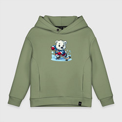 Толстовка оверсайз детская Полярный медвежонок хоккейный форвард, цвет: авокадо