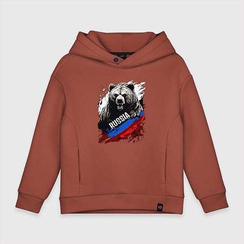 Детское худи оверсайз Русский медведь на фоне флага России / Кирпичный – фото 1