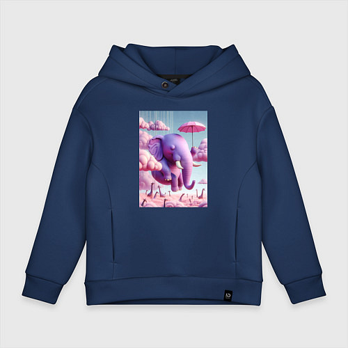 Детское худи оверсайз Розовый слон под зонтом в облаках / Тёмно-синий – фото 1