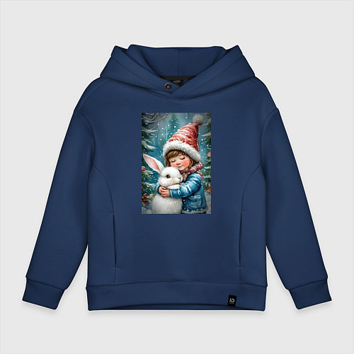 Детское худи оверсайз Зайчик с ребенком / Тёмно-синий – фото 1