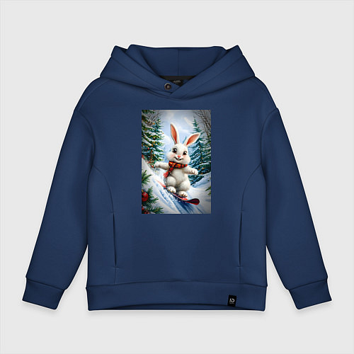 Детское худи оверсайз Зайчик на сноуборде / Тёмно-синий – фото 1
