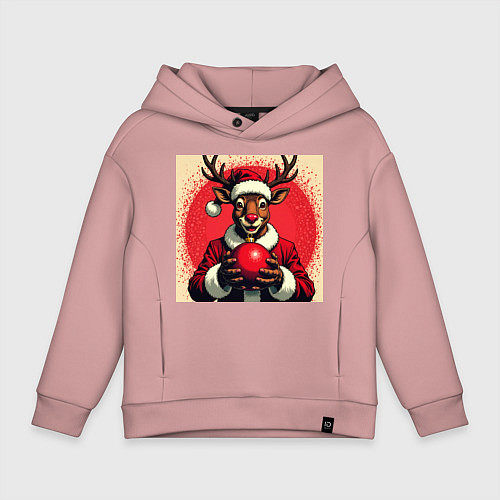 Детское худи оверсайз Рождественский олень Рудольф в шапке Санты / Пыльно-розовый – фото 1