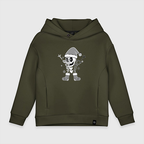 Детское худи оверсайз Новогодний скелетик чб / Хаки – фото 1