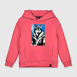 Толстовка оверсайз детская Волк в мегаполисе - нейроарт, цвет: коралловый