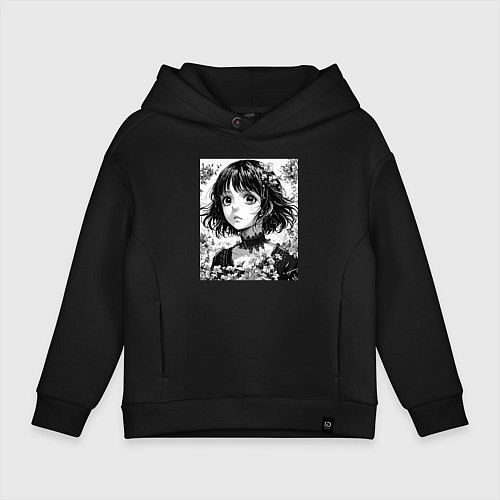 Детское худи оверсайз Аниме девушка портрет черно-белый / Черный – фото 1