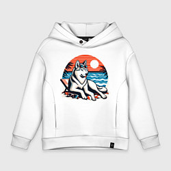 Толстовка оверсайз детская Хаски отдыхает на пляже, цвет: белый