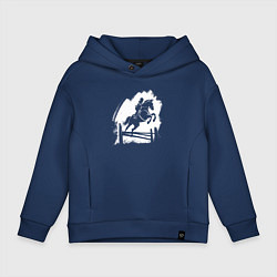 Толстовка оверсайз детская Всадник на коне, преодолевающий барьер, цвет: тёмно-синий