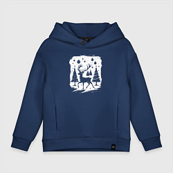 Толстовка оверсайз детская Олень в новогоднем лесу, цвет: тёмно-синий