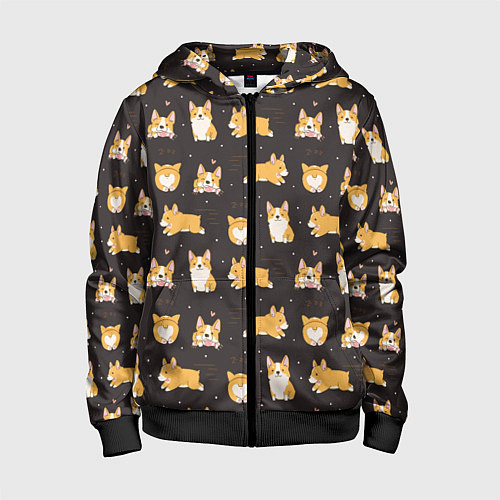 Детская толстовка на молнии Вельш корги бемброк - забавные щенки паттерн / 3D-Черный – фото 1