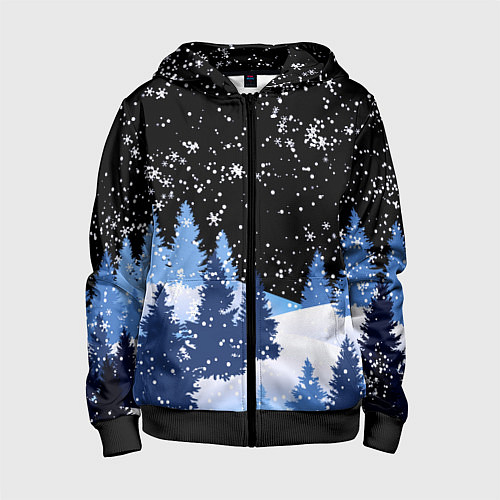 Детская толстовка на молнии Снежная ночь в зимнем лесу / 3D-Черный – фото 1