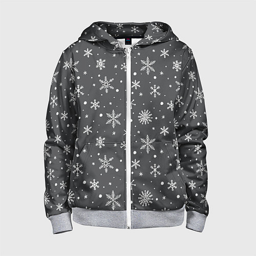 Детская толстовка на молнии Белые снежинки на сером фоне / 3D-Меланж – фото 1
