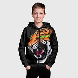 Толстовка на молнии детская Тигр, с зелеными глазами, цвет: 3D-черный — фото 2
