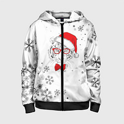 Толстовка на молнии детская Новогодний тигр летящие снежинки, цвет: 3D-черный