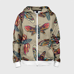 Толстовка на молнии детская Мотыльки-черепа, цвет: 3D-белый