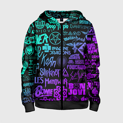 Детская толстовка на молнии ЛОГОТИПЫ РОК ГРУПП НЕОН ROCK NEON / 3D-Черный – фото 1