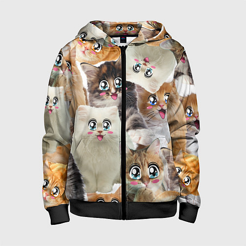 Детская толстовка на молнии Много кошек с большими анимэ глазами / 3D-Черный – фото 1