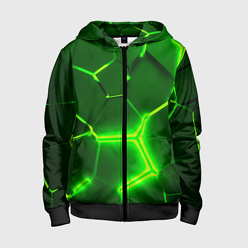 Детская толстовка на молнии 3D ПЛИТЫ НЕОН NEON GREEN HEXAGON РАЗЛОМ / 3D-Черный – фото 1