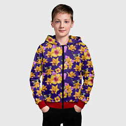 Толстовка на молнии детская Цветы Оранжевые Ирисы и Гибискус На Синем Фоне, цвет: 3D-красный — фото 2