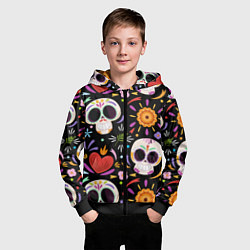 Толстовка на молнии детская Веселые черепа в цветах, цвет: 3D-черный — фото 2