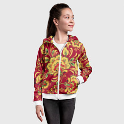 Толстовка на молнии детская Хохломская Роспись Цветы На красном Фоне, цвет: 3D-белый — фото 2