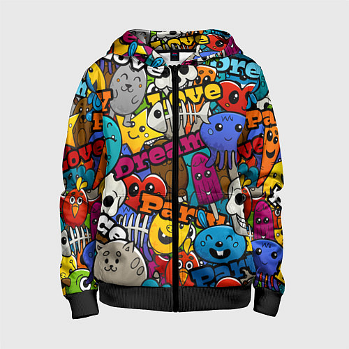 Детская толстовка на молнии Красочный паттерн из мультяшных героев / 3D-Черный – фото 1